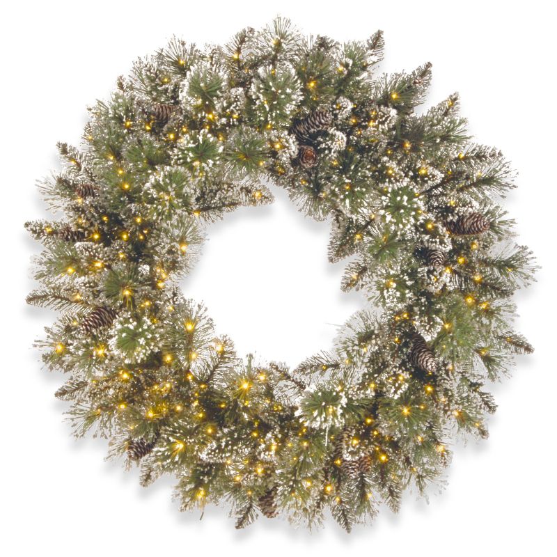30 Inch Christmas Glittery Bristle Wreath With Pinecones Pre-LIt With 400 Micro LED Lights Plug In