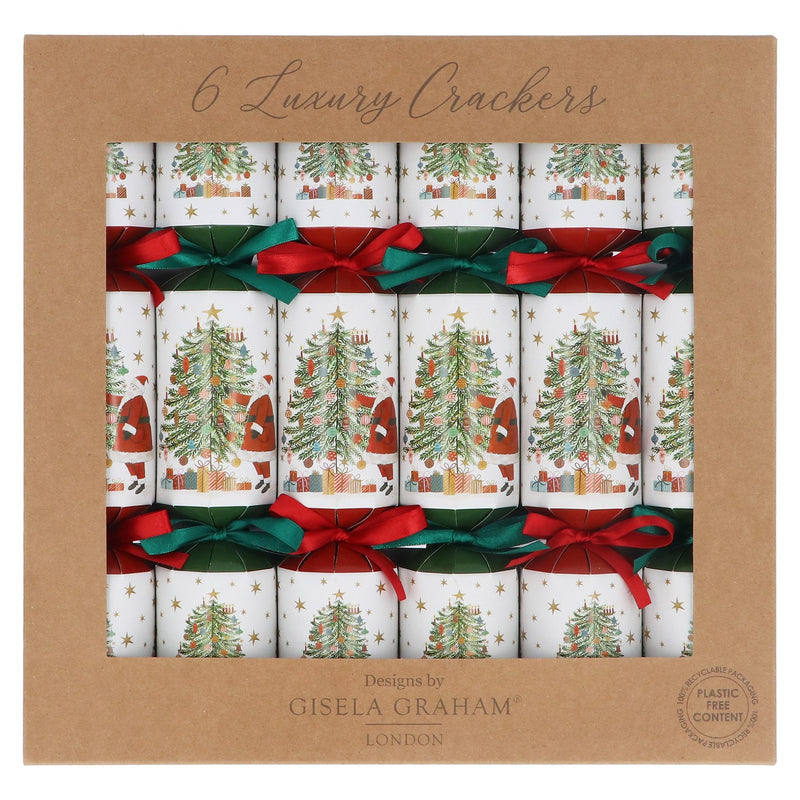 Box of 6 luxury crackers with Christmas tree design and red bows, by Gisela Graham.