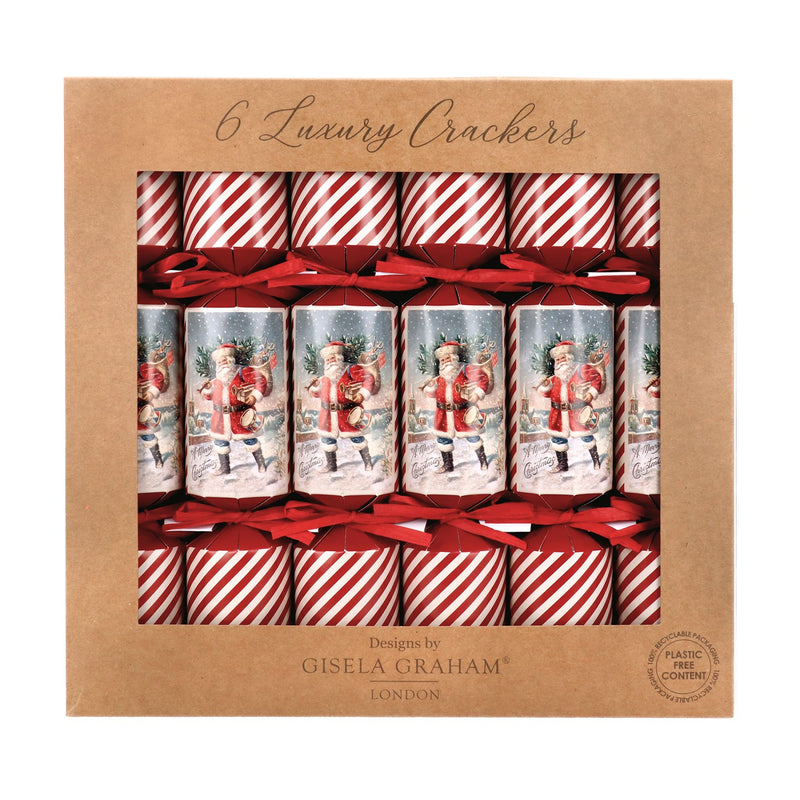 Box of 6 luxury crackers with red and white striped design, featuring Gisela Graham branding.