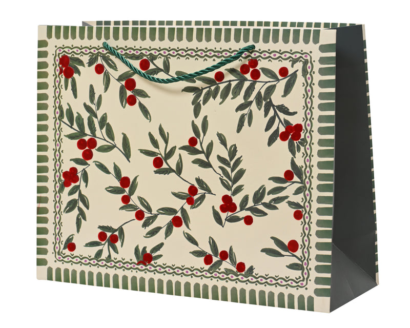 Gift Bag 32x11x25 cm Green with Flocked Berry Decoration