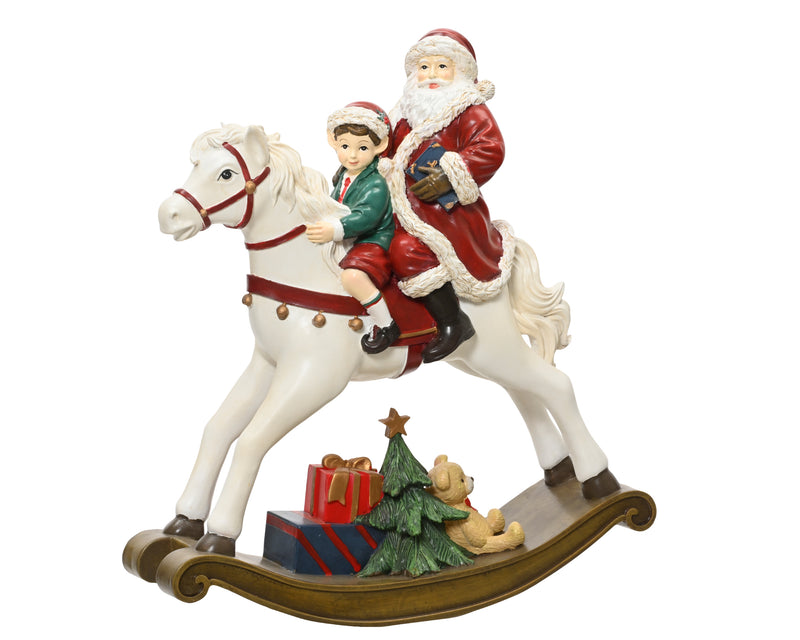 Rocking Horse Figure with Santa and Boy 34.6 cm Polyresin Red