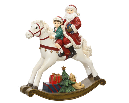 Rocking Horse Figure with Santa and Boy 34.6 cm Polyresin Red