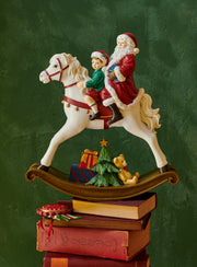 Rocking Horse Figure with Santa and Boy 34.6 cm Polyresin Red