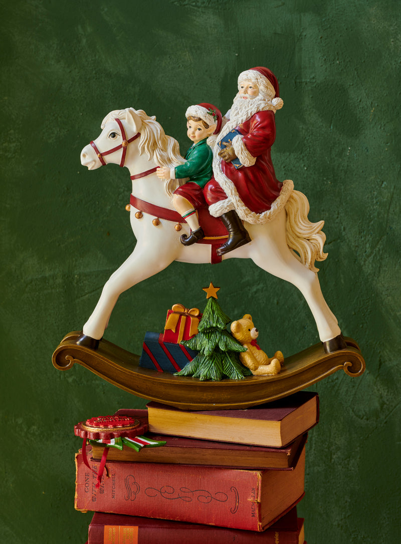 Rocking Horse Figure with Santa and Boy 34.6 cm Polyresin Red