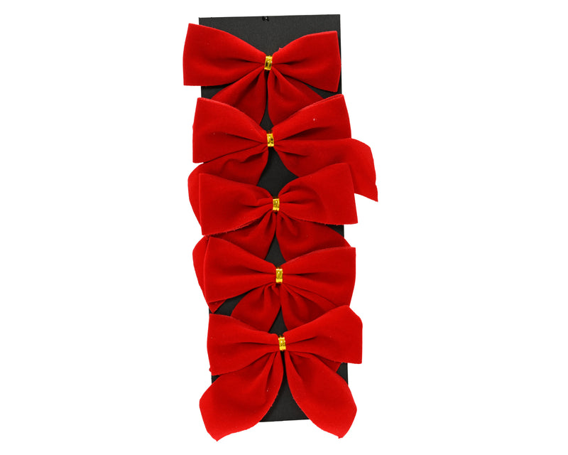 Red Flocked Polyester Christmas Bows 9 cm – Pack of 5
