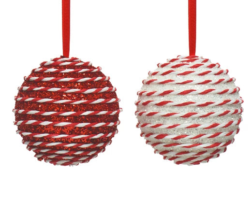 Christmas Bauble with Candy Stripe Twists & Glitter (10 cm) Sold individually