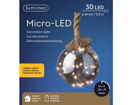 Lumineo Micro LED Ball With Steady Lights | Battery Operated | Smokey - Classic Warm (14 cm | 30 LED)