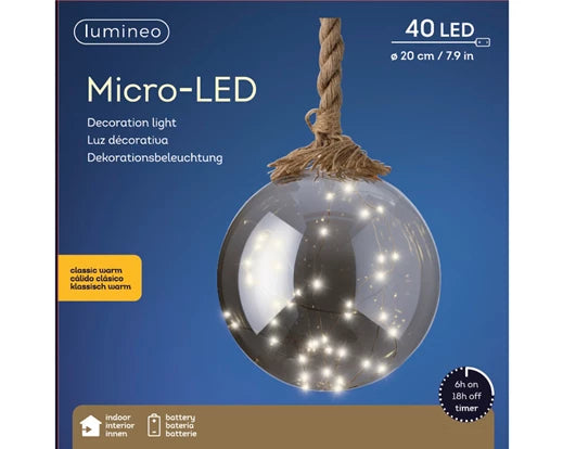 Lumineo Micro LED Ball With Steady Lights | Battery Operated -  Classic Warm(20 cm | 40 LED)