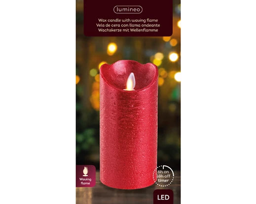 Lumineo LED Flameless Christmas Candle Red Rustic Wax Battery Operated (15cm x 7.5cm)