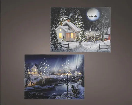 Battery Operated Christmas Canvas Winter Country Scene - 38x28cm