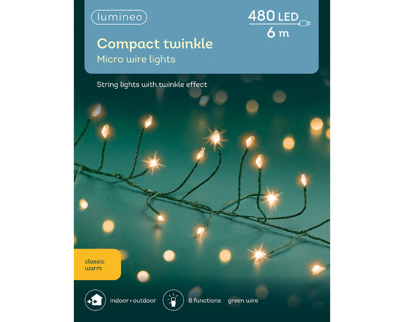 480 Lumineo Micro LED Compact Twinkle Classic Warm White Christmas Lights With Green Cable 6m