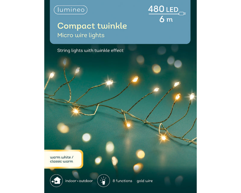 480 Lumineo Micro LED Compact Twinkle Classic Warm and Warm White Christmas Lights With Silver Cable 6m