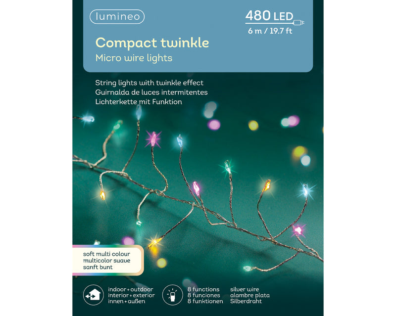 480 Lumineo Micro LED Compact Twinkle Soft Multicoloured Christmas Lights With Silver Cable 6m