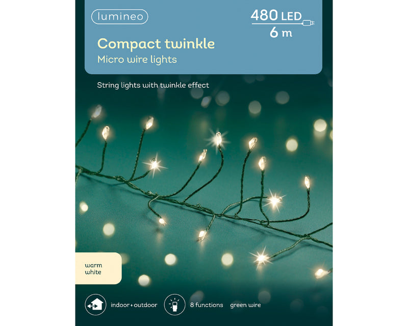 480 Lumineo Micro LED Compact Twinkle Warm White Christmas Lights With Green Cable 6m