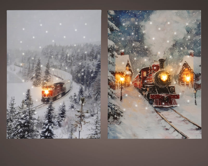 Battery Operated Christmas Canvas Train Scene - 38x28cm