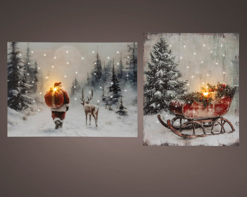 Battery Operated Christmas Canvas Santa Scene - 38x28cm