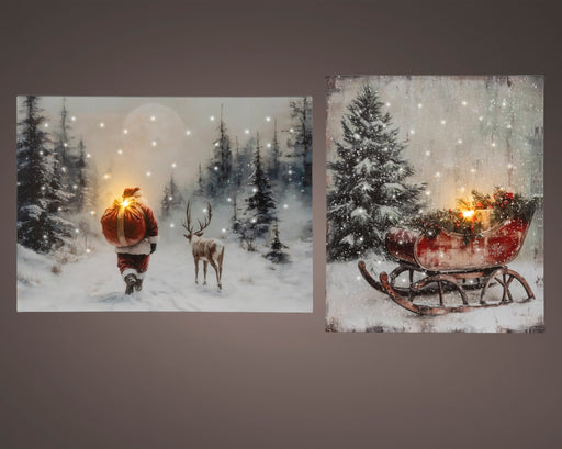 Battery Operated Illuminated Santa Sleigh Canvas – 38 × 28 cm – 2 Assorted Designs