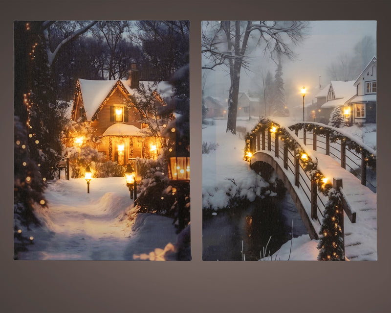Battery Operated Christmas Canvas Home Scene - 38x28cm