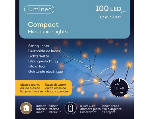 100 Lumineo Micro LED Compact Lights Steady| Battery Operated - Classic Warm 120cm