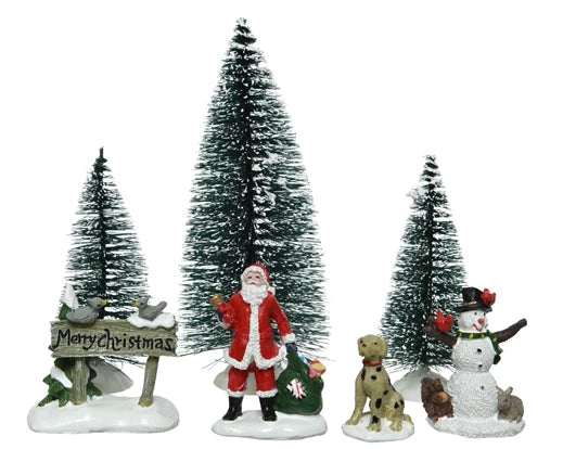 Christmas Village Scene Santa with Snowman Dog and Trees