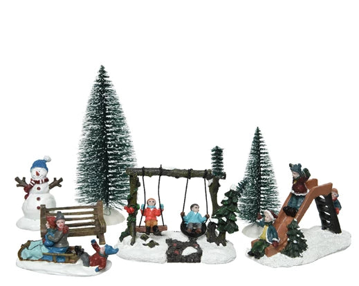 Christmas Village Scene with Trees, Bench, Snowman, Sledge, Swing, Slide Indoor (15x6 cm)