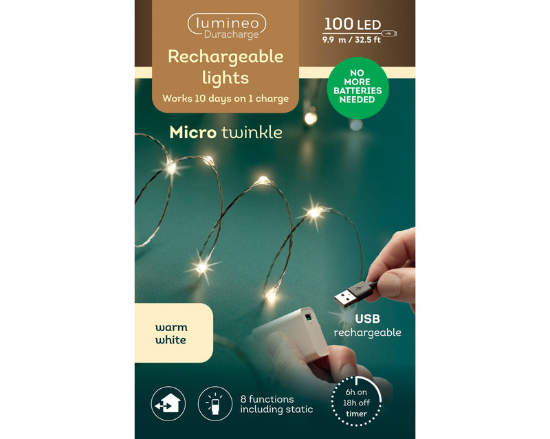 Rechargeable Warm White 100 Micro LED Lights - Warm White