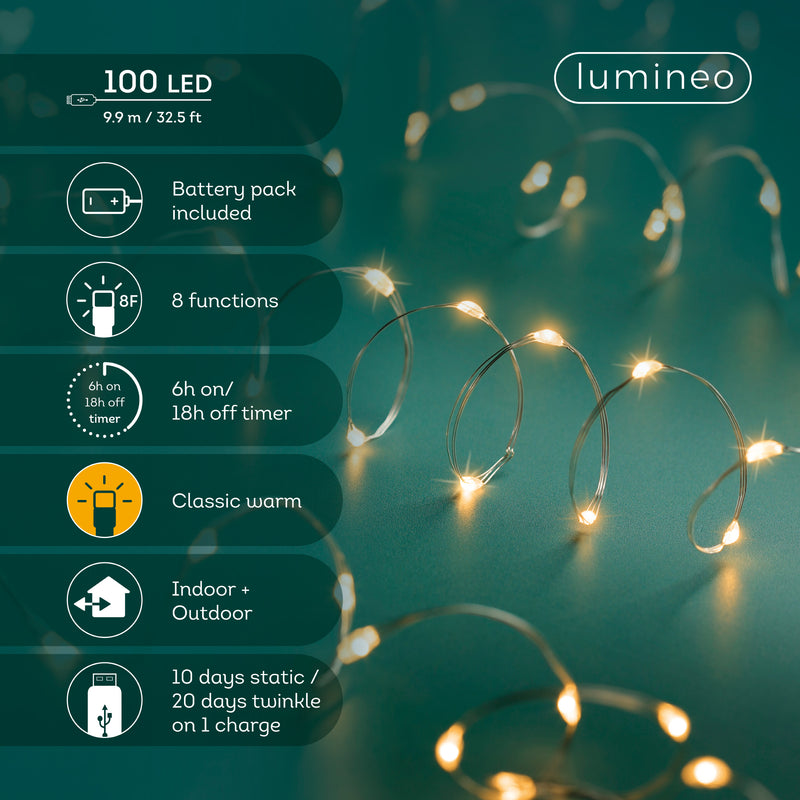 Rechargeable Warm White 100 Micro LED Lights - Classic Warm