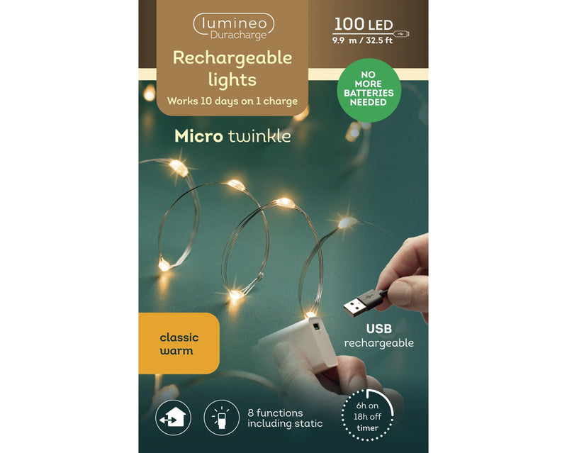 Rechargeable Warm White 100 Micro LED Lights - Classic Warm