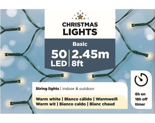 50 LED Budget Stringlights Steady Battery Operated | Warm White 245cm