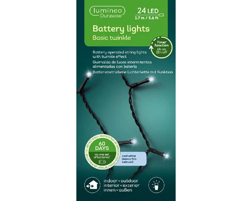 24 Lumineo Durawise Battery Christmas Lights Cool White LED 1.72M Black Cable Suitable For Indoor & Outdoor Use