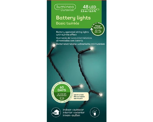 48 Lumineo Durawise Battery Christmas Lights Warm White LED 3.5M Black Cable Suitable For Indoor & Outdoor Use