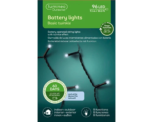 96 Lumineo Durawise Battery Christmas Lights Cool White LED 7.1M Black Cable Suitable For Indoor & Outdoor Use