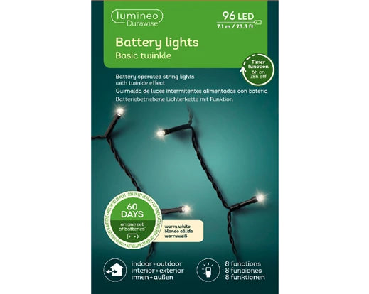 96 Lumineo Durawise Battery Christmas Lights Warm White LED 7.1M Black Cable Suitable For Indoor & Outdoor Use