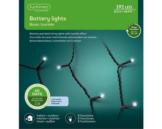 192 Lumineo Durawise Battery Christmas Lights Cool White LED 14.3M Black  Cable Suitable For Indoor & Outdoor Use