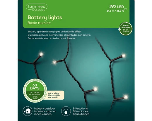 192 Lumineo Durawise Battery Christmas Lights Warm White LED 14.3M Black Cable Suitable For Indoor & Outdoor Use