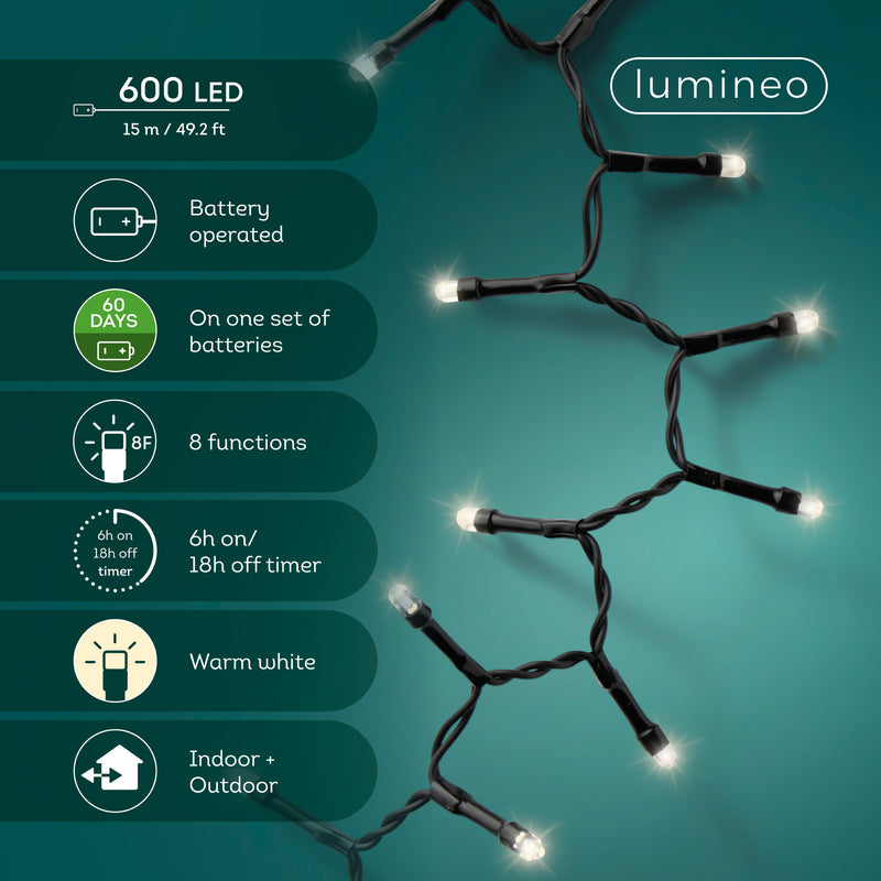 Durawise 600 Warm White Battery Operated Christmas Lights With Multi Function & Timer 15m