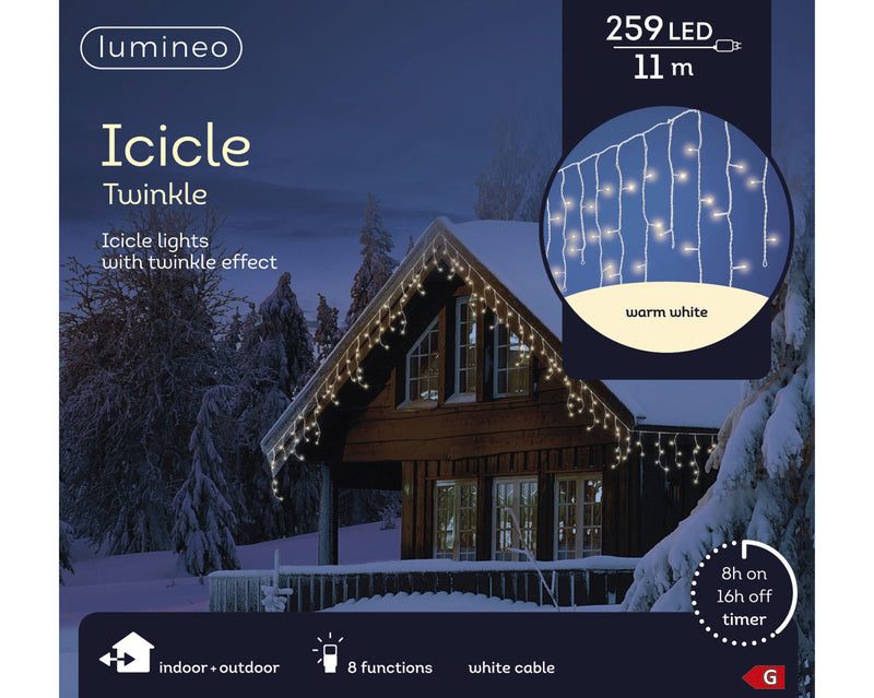 LED Icicle Twinkle Effect 259 Warm White Christmas Lights White Cable 11m