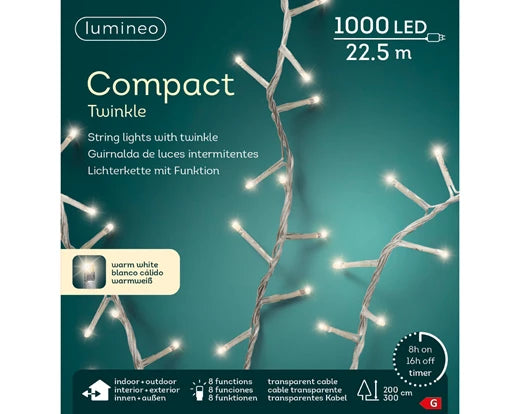 1000 Lumineo Compact LED Twinkle Lights | Warm Lights 2250cm