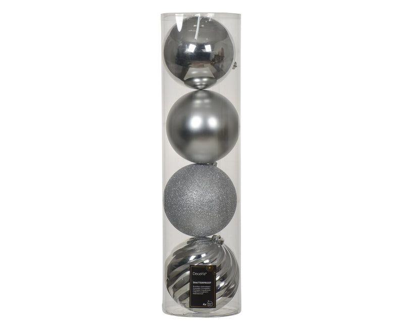 4 Pack Shatterproof Baubles Set With Matt, Shiny, Glitter Mix Silver 14cm