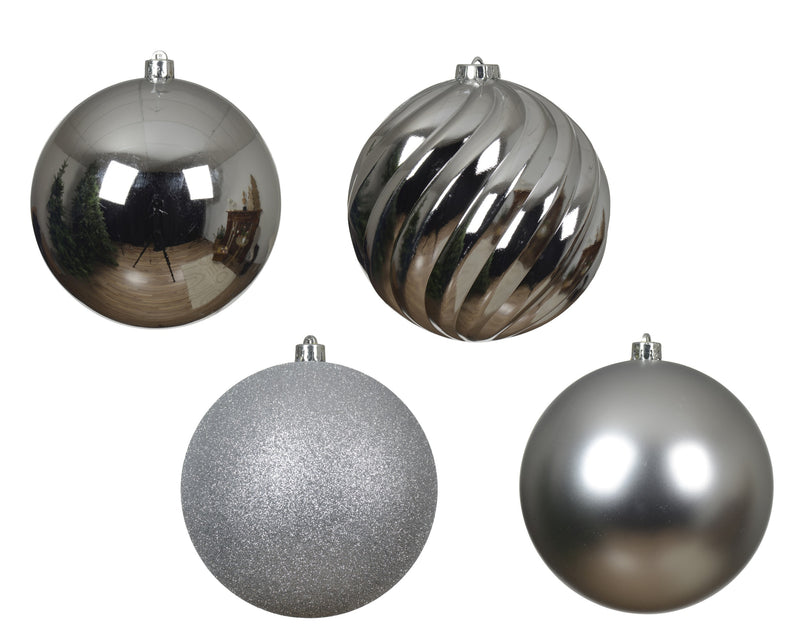 4 Pack Shatterproof Baubles Set With Matt, Shiny, Glitter Mix Silver 14cm