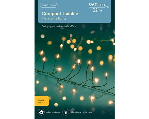 Lumineo Compact Twinkle 960 Micro Wire Classic Warm White Christmas Lights  With Green Cable 12m