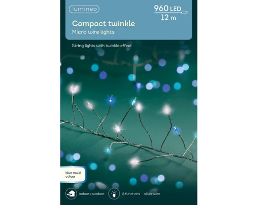 960 LED Lumineo Compact Twinkle Micro Wire Lights Blue Colour - Silver Wire (12 meters)