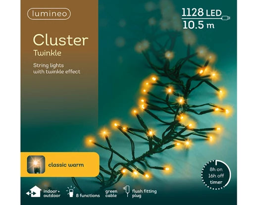 1128 LED Lumineo Cluster Twinkle Classic Warm White Christmas Lights 10.5 Meters Green Cable