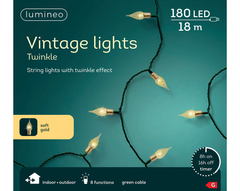 Lumineo Vintage 180 Twinkle Soft Gold Christmas Lights With Transparent Cable 17.9m