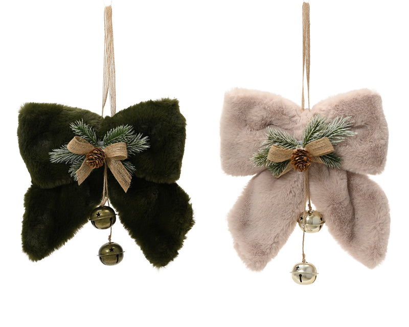 Christmas Bow Ornament 23 cm with Faux Fur and Bells – 2 Assorted Colours