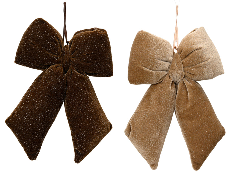 Velvet Bow Christmas Decoration 30 cm Dark and Light Brown with Silver Glitter – 2 Assorted Colours