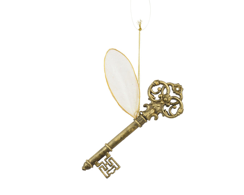 Hanging Decoration Iron Antique Gold Key with Wing 14.5 cm
