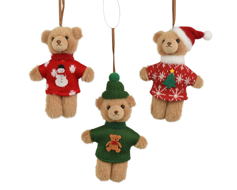 Polyester Christmas Decoration Brown Bear 12 cm – 3 Assorted Designs