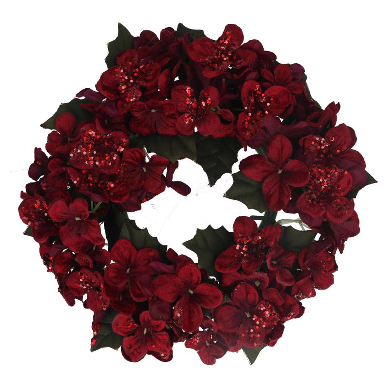 Large burgundy hydrangea Christmas candle ring – Gisela Graham