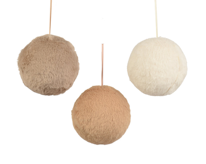 Bauble Artificial Fur Natural Round 8 cm – 3 Assorted Colours